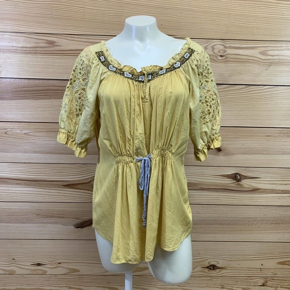 Sains Anthropologie Shirt XS Oversized Boho Peasant Lucerne Lace Beading B8 - Picture 1 of 10